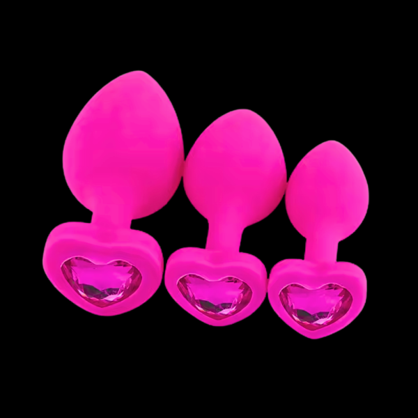Kit Plug Anal Siliconado Corazón Fucsia con Joya Fucsia