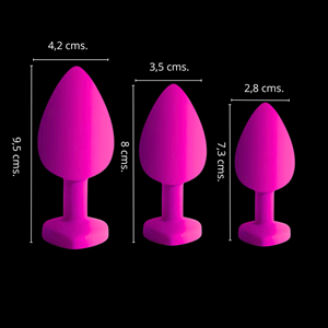 Kit Plug Anal Siliconado Corazón Fucsia con Joya Fucsia - Imagen 3