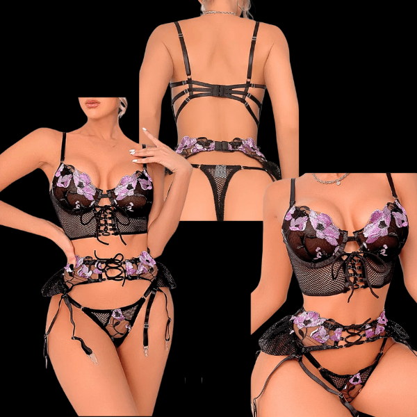 Conjunto Flores Sexy 3 Piezas Negro y Lila