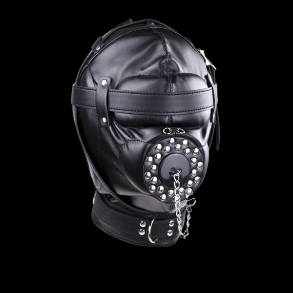 Capucha BDSM de Cuero Sintético con Mordaza y Control Sensorial